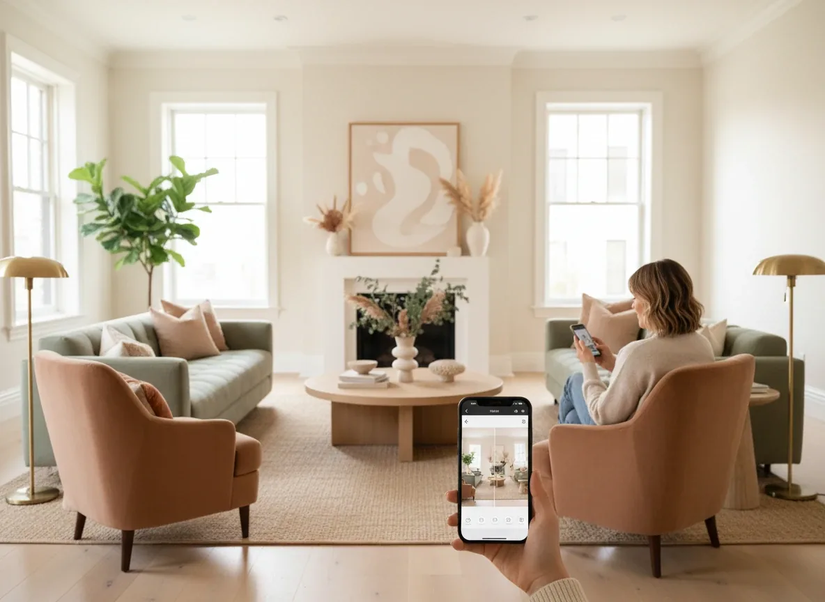 Beautiful living room makeover idea created with DecorAI AI interior design app