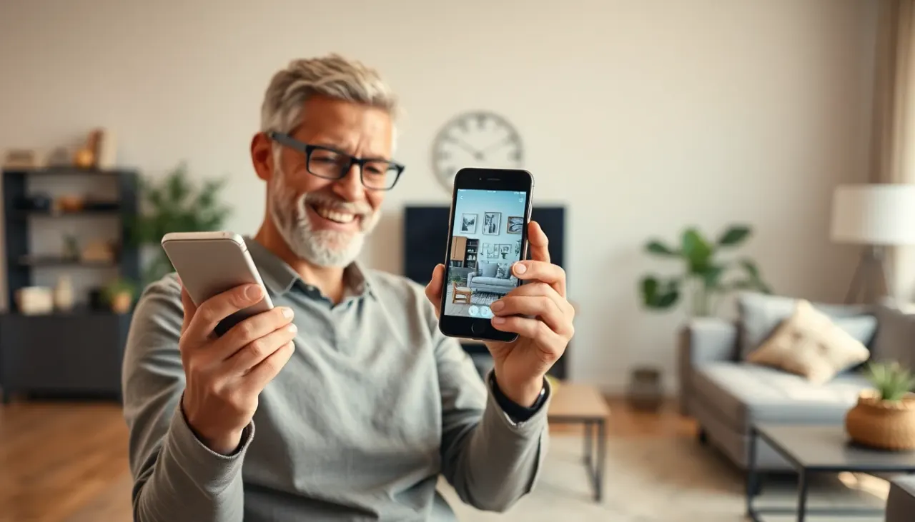 Happy DecorAI user reviewing room makeover ideas before buying furniture